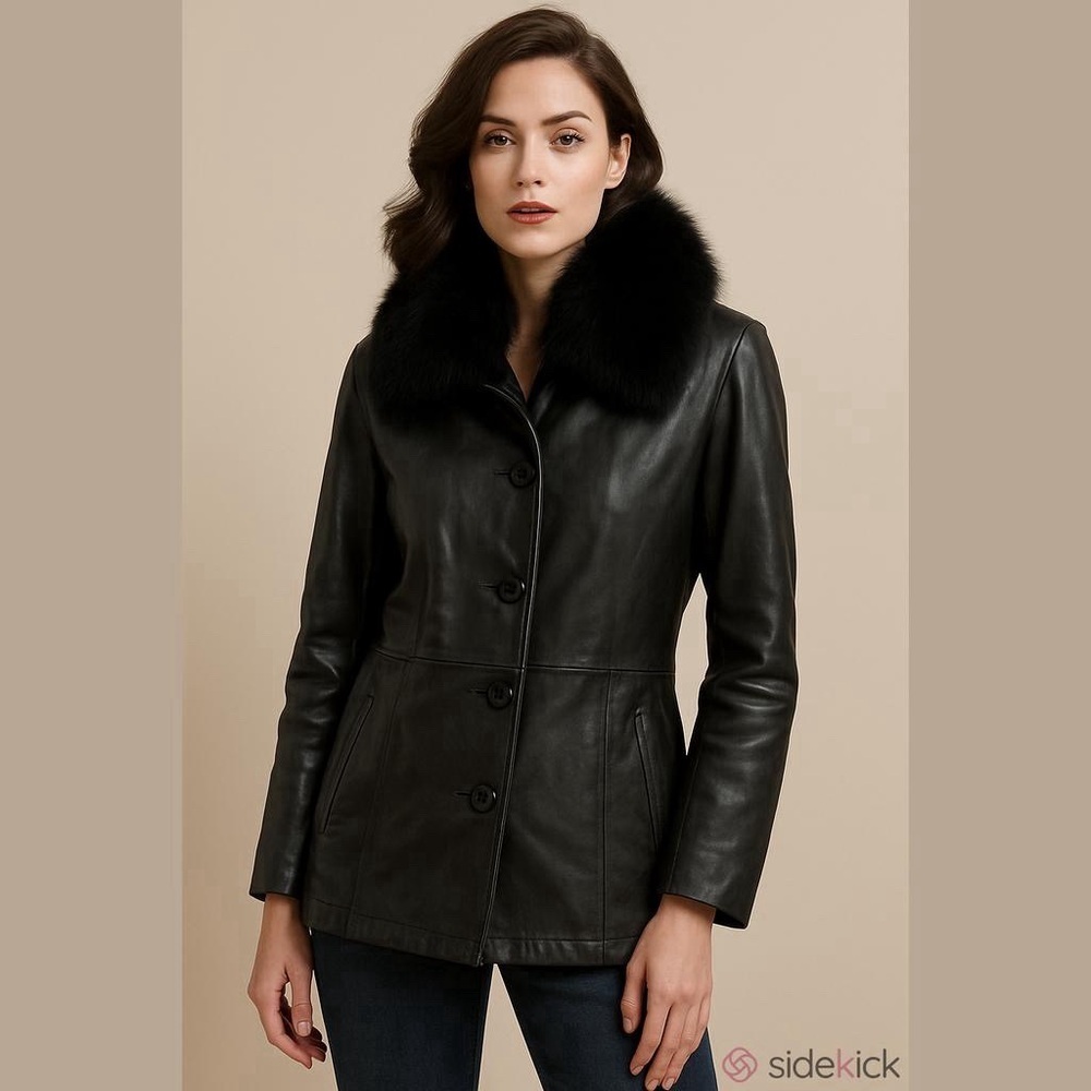 Bernardo Genuine Leather Jacket Authentic Fox Fur Size Small Black